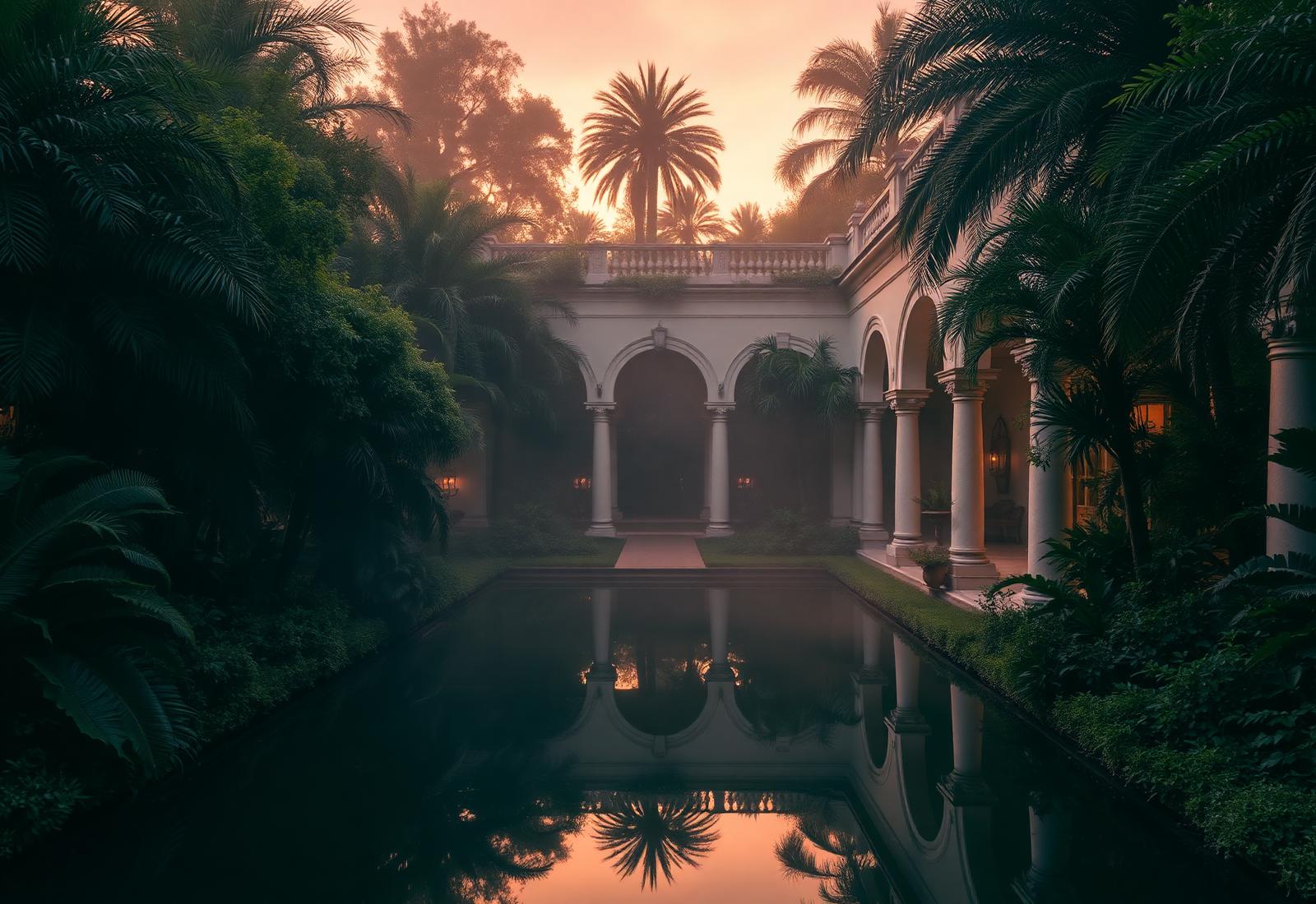 A misted paradise garden at dusk