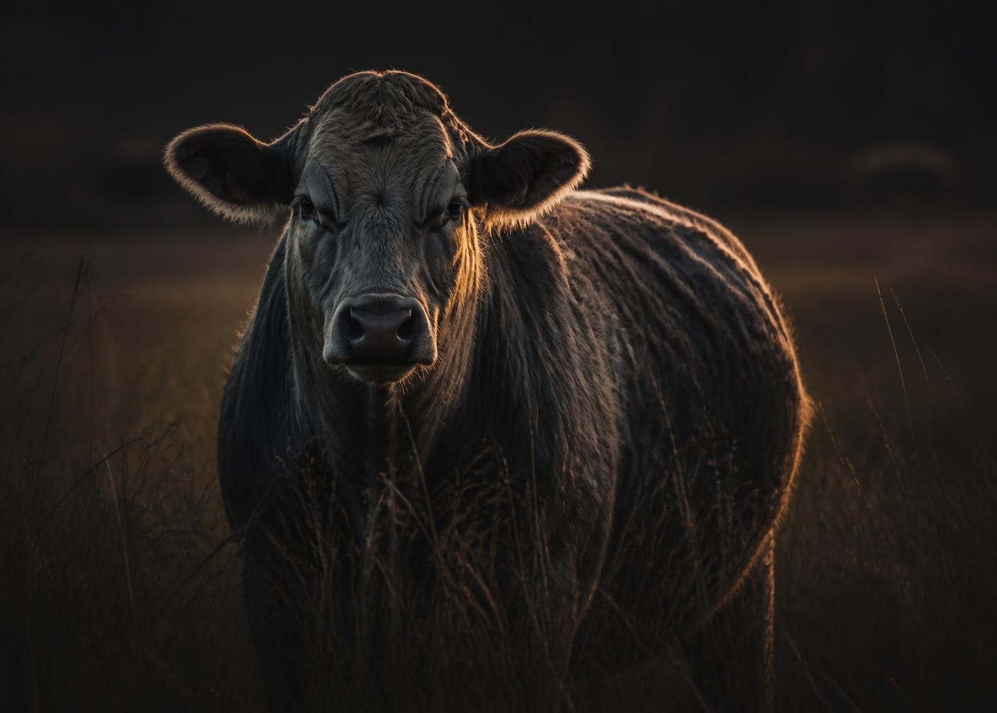 A grass-fed steer at twilight